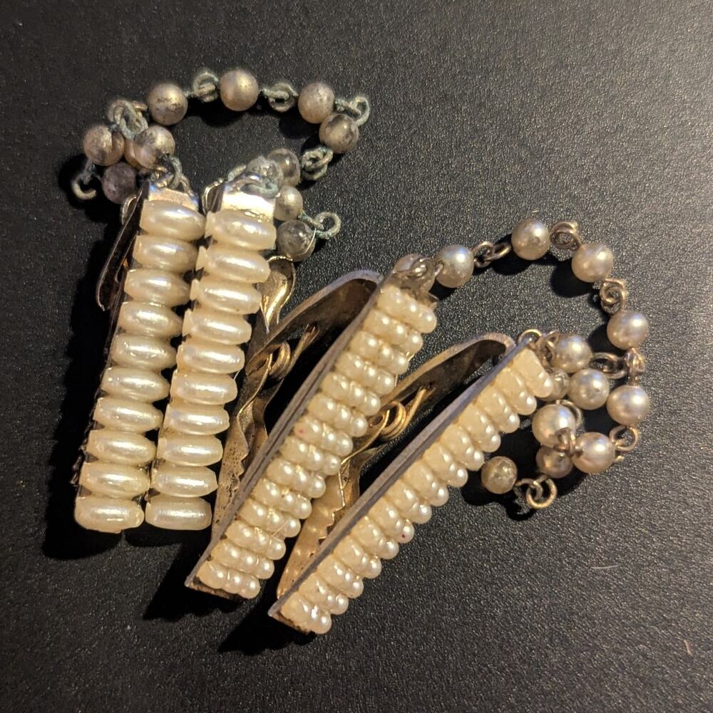 2 Vintage 1950s Faux Pearl Sweater Guard Clips Pat 2853761 MCM